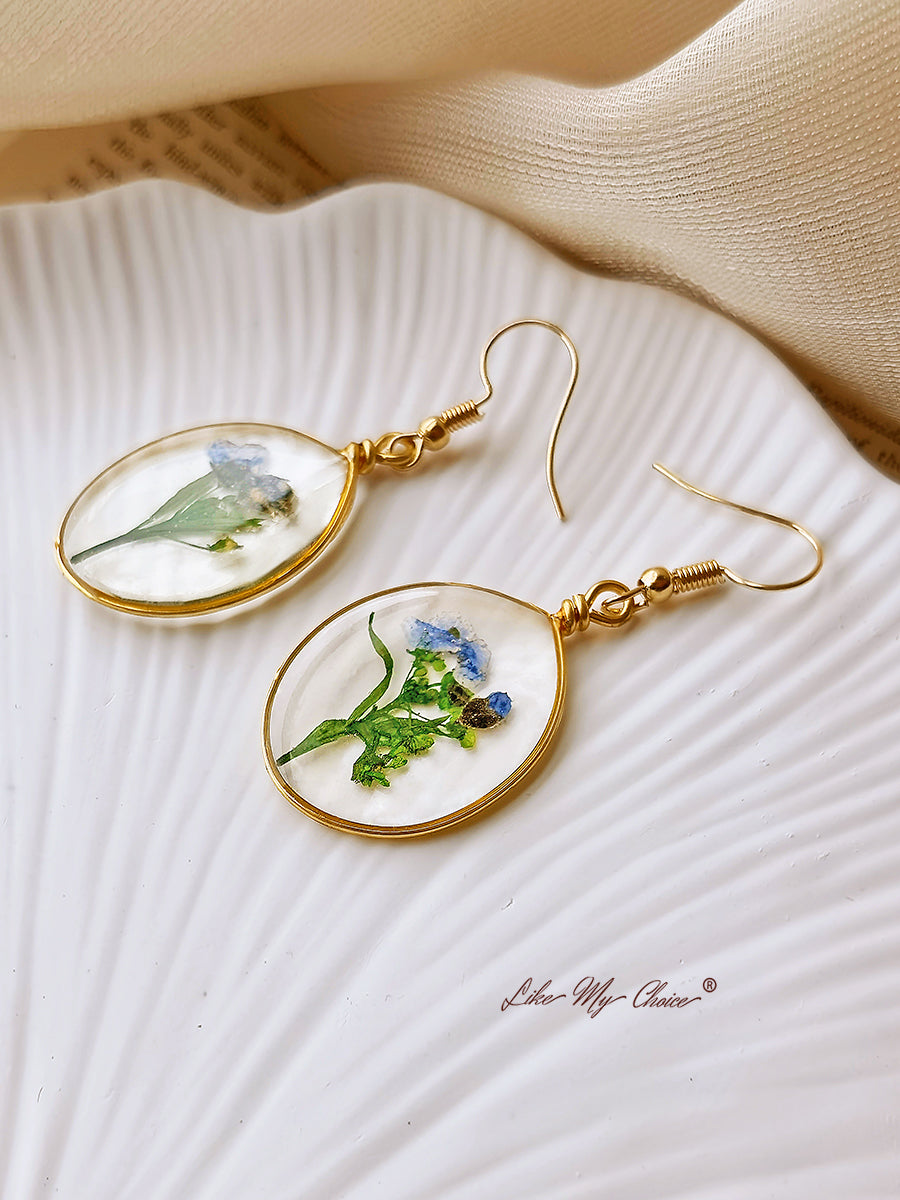 Pressed Flower Earrings -  Forget Me Not Flower Oval