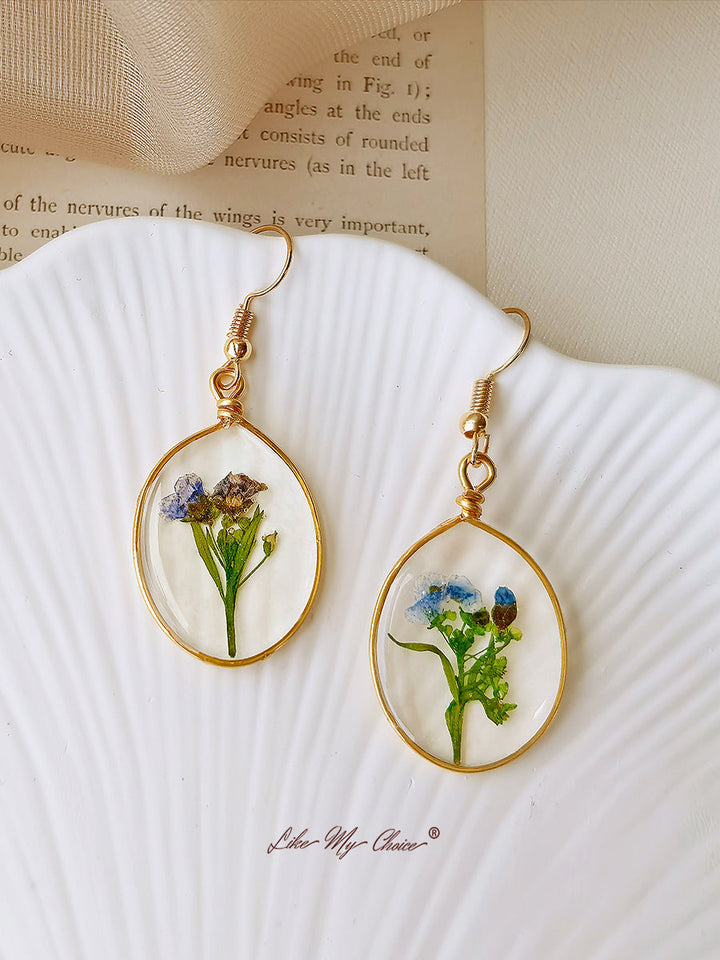 Pressed Flower Earrings -  Forget Me Not Flower Oval