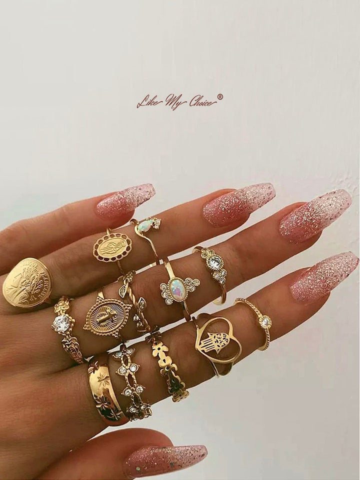 Crystal Geometric Boho Ring Set 15 stk