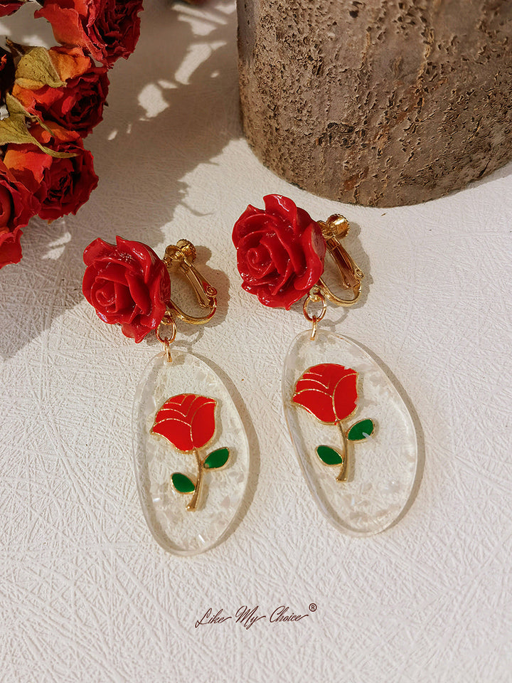 Boucles d'oreilles roses rouges romantiques d'inspiration victorienne