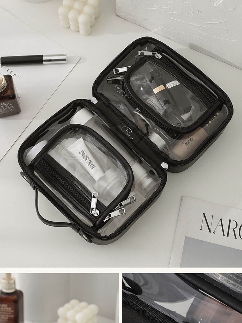 Trousse de maquillage portable en PU transparent