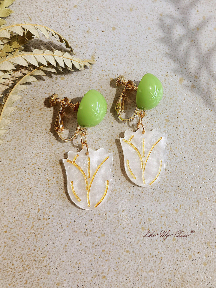 White Tulip Gold Floral Earrings