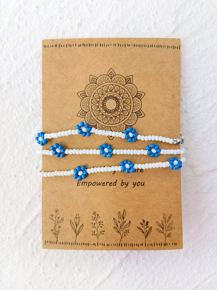 Adjustable Drawstring Beaded Bracelet Blue Daisy