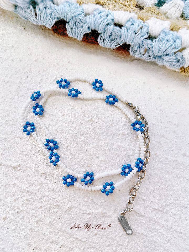 Bracelet réglable en perles avec cordon de serrage Bleu Daisy