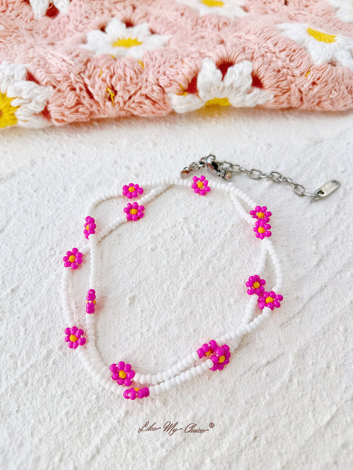 Bracelet réglable en perles avec cordon de serrage Rouge Daisy