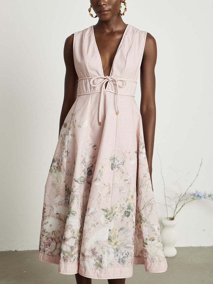 Robe midi élégante à imprimé floral et col en V profond