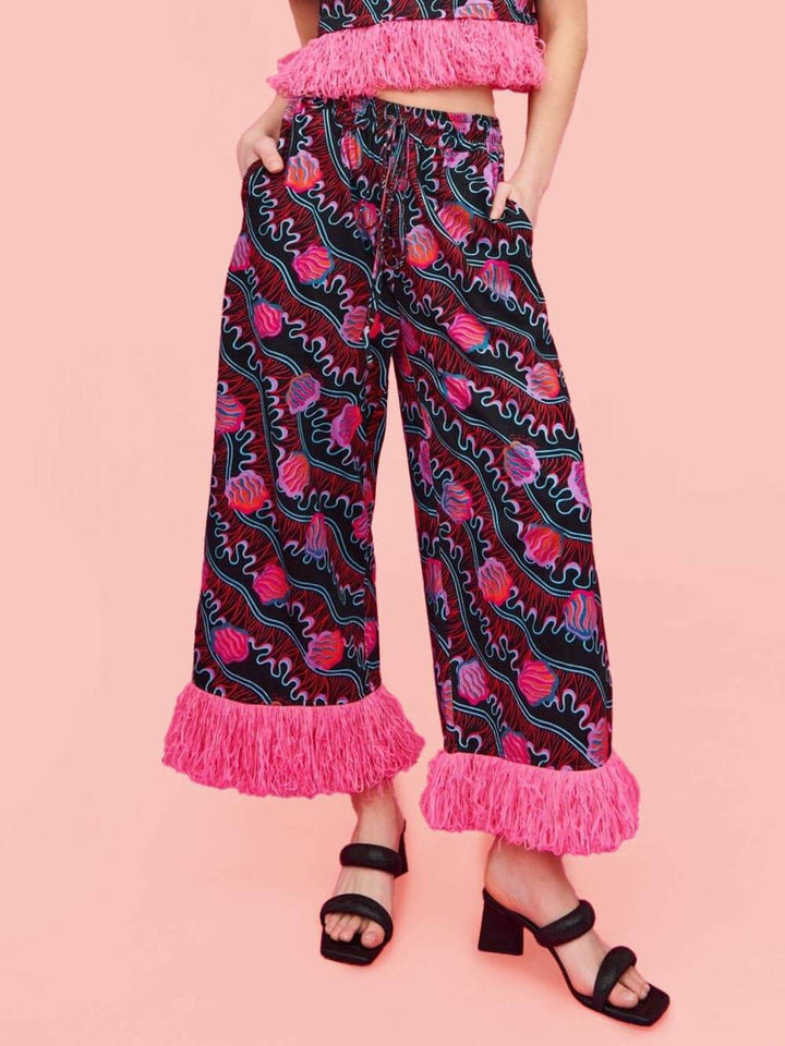 Unique Tassel Splicing Shell Spray Print Pocket Wide Leg Pants