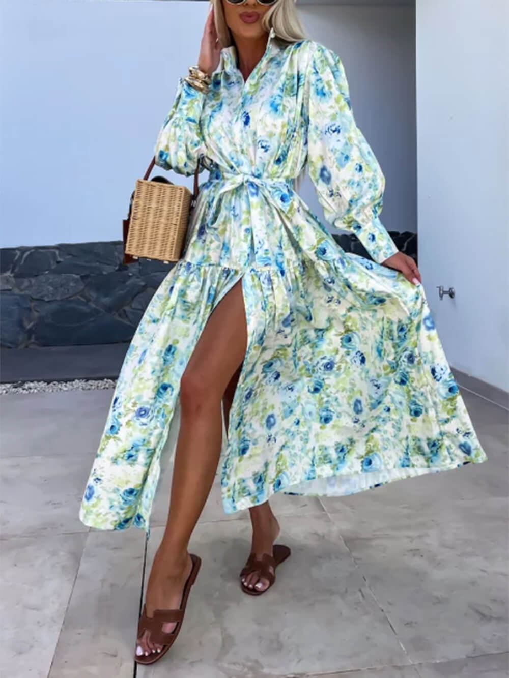 Encantadora Camisa Estampada Botones Oro Liso Maxi Vestido Floral