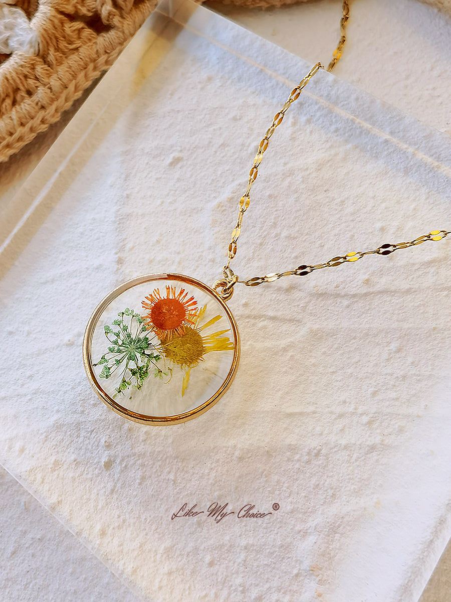 Collier de fleurs pressées - Resin Sunflower Daisy