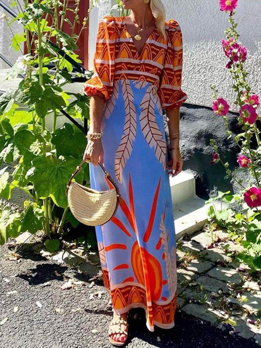 Μοναδικό Ethnic Print Bohemian Maxi Dress