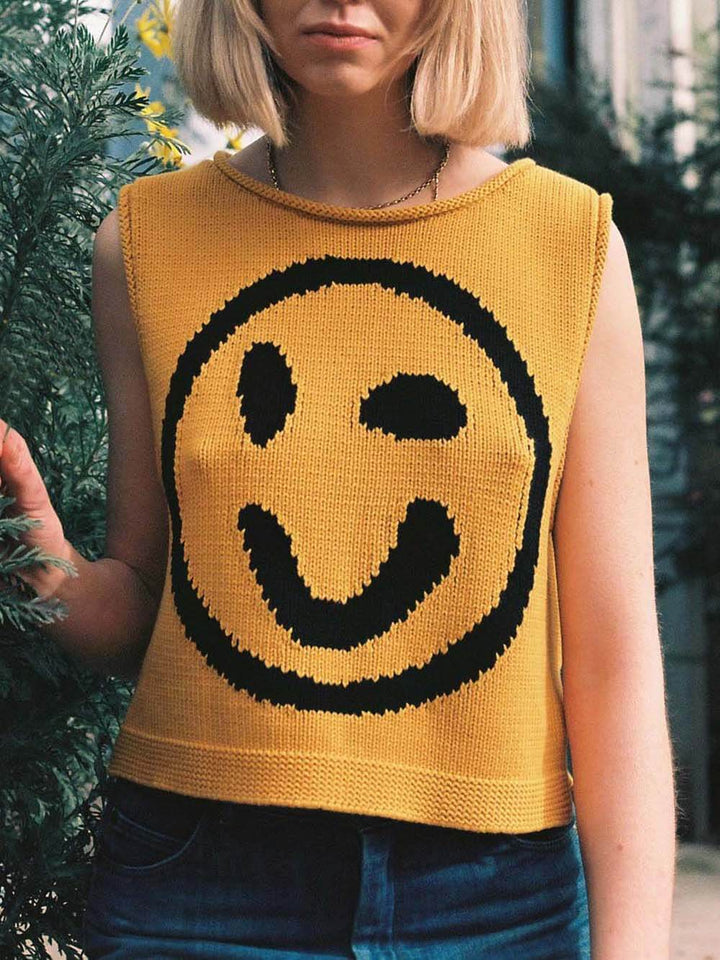 Happy Face Knit Unikátní vzor Všestranný volný tílko