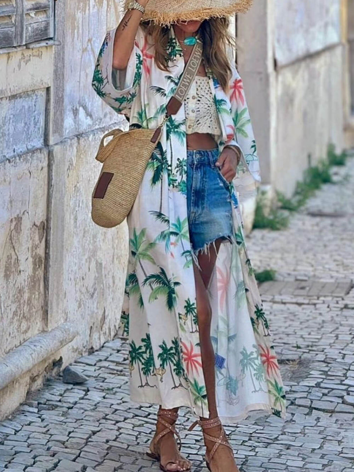 Botanical Print Tie-Waist Long Cover-Up Kleid im Urlaubsstil