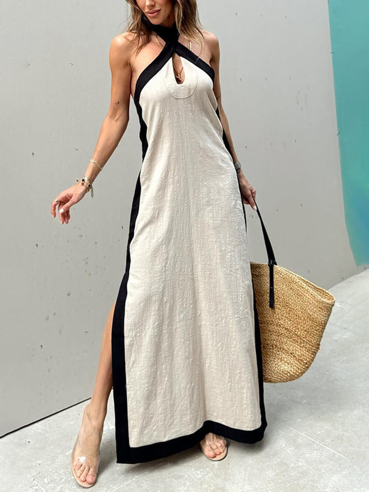 Χρώμα μπλοκ Halter Neck Slit Maxi φόρεμα