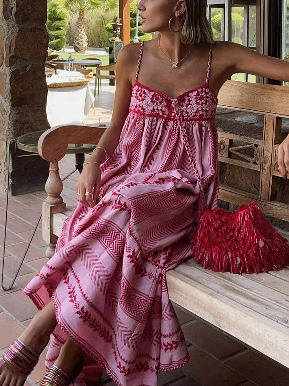 Stile etnico Crochet Patchwork Maglia Slip Maxi Dress