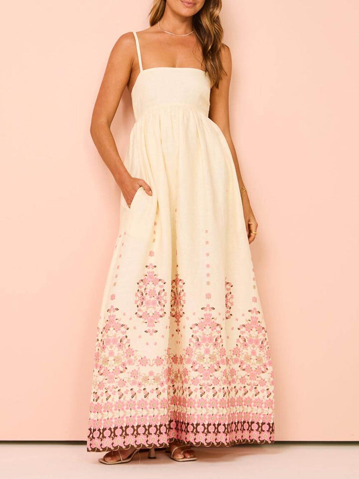 Robe longue à imprimé ethnique, dos nu, crème