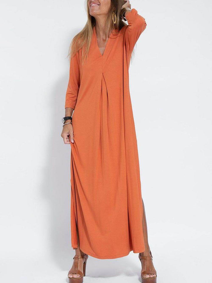 Klassieke effen kleur V-hals Casual Maxi Dress met split