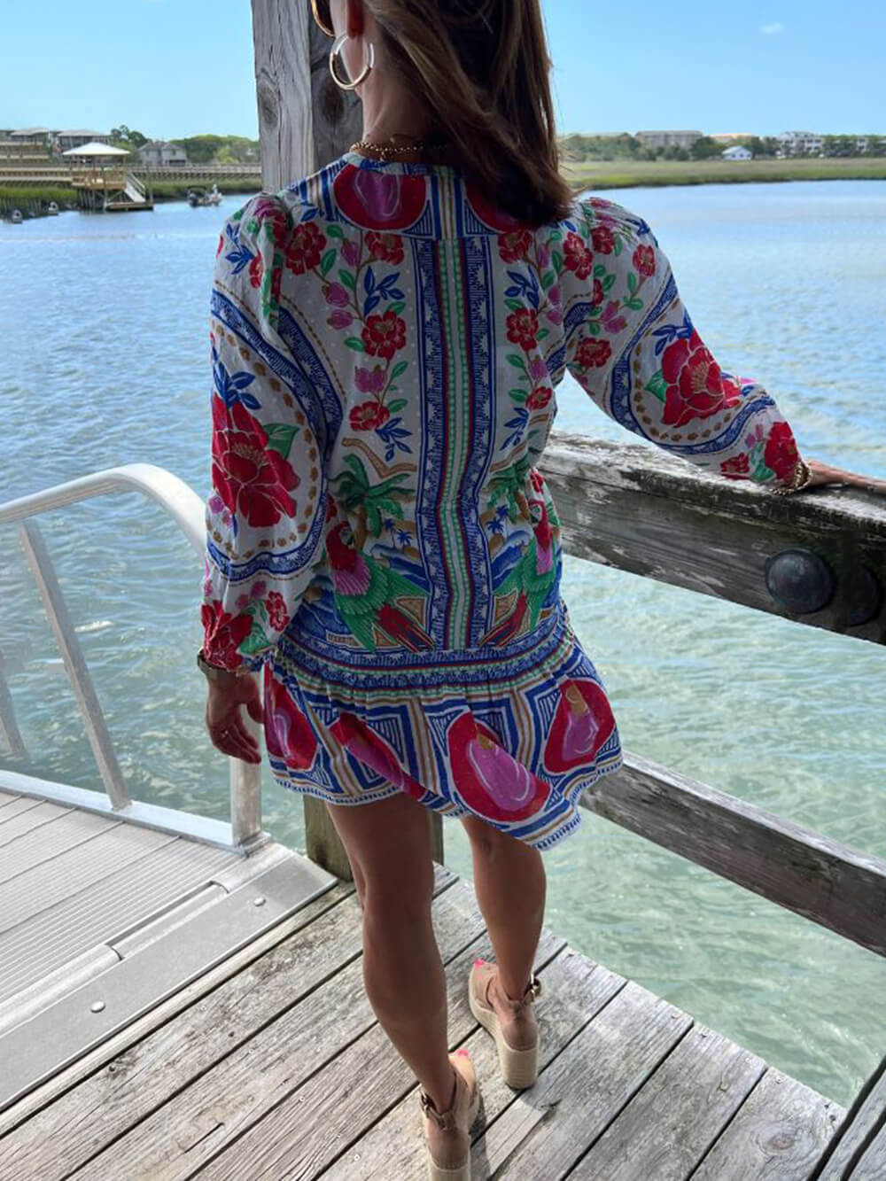 Beach Floral Unique Print Balloon Sleeve Lace Up Mini Dress