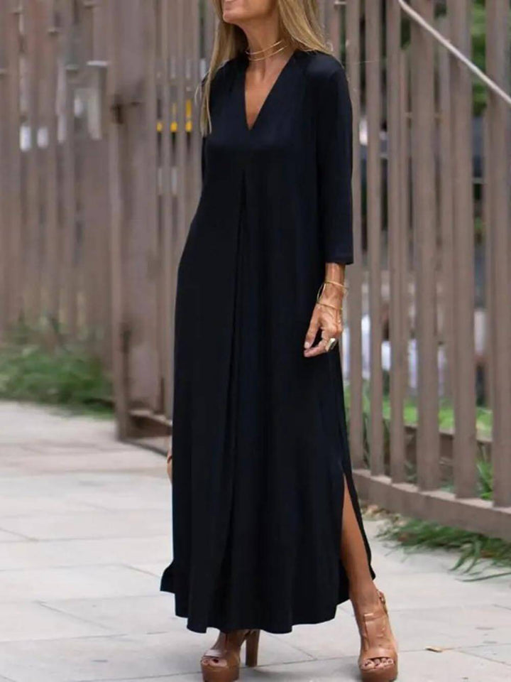 Classic Solid Color V-Neck Casual Slit Maxi Dress