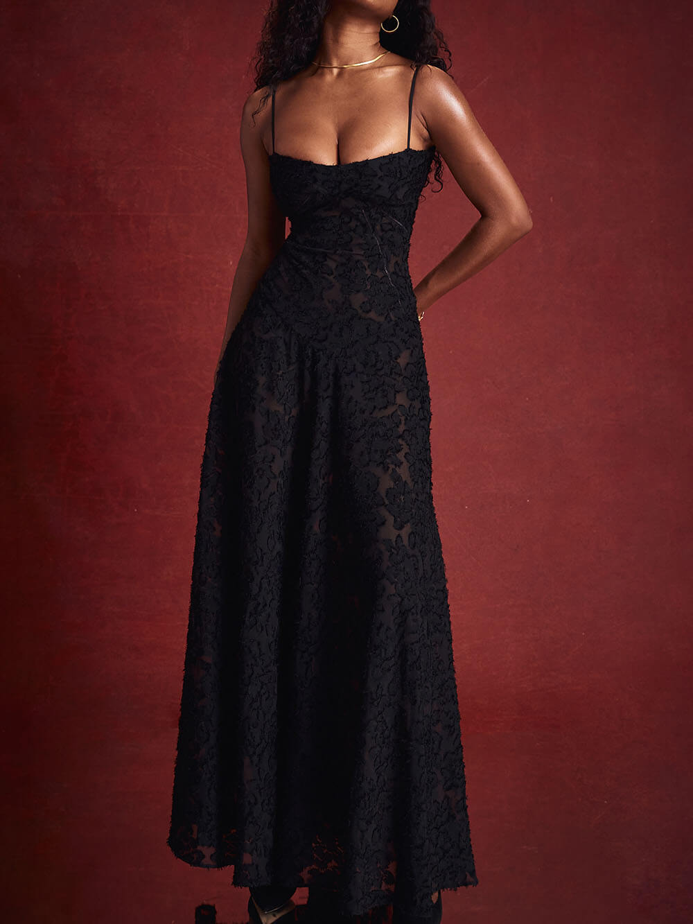 Black Floral Lace Back Maxi Dress