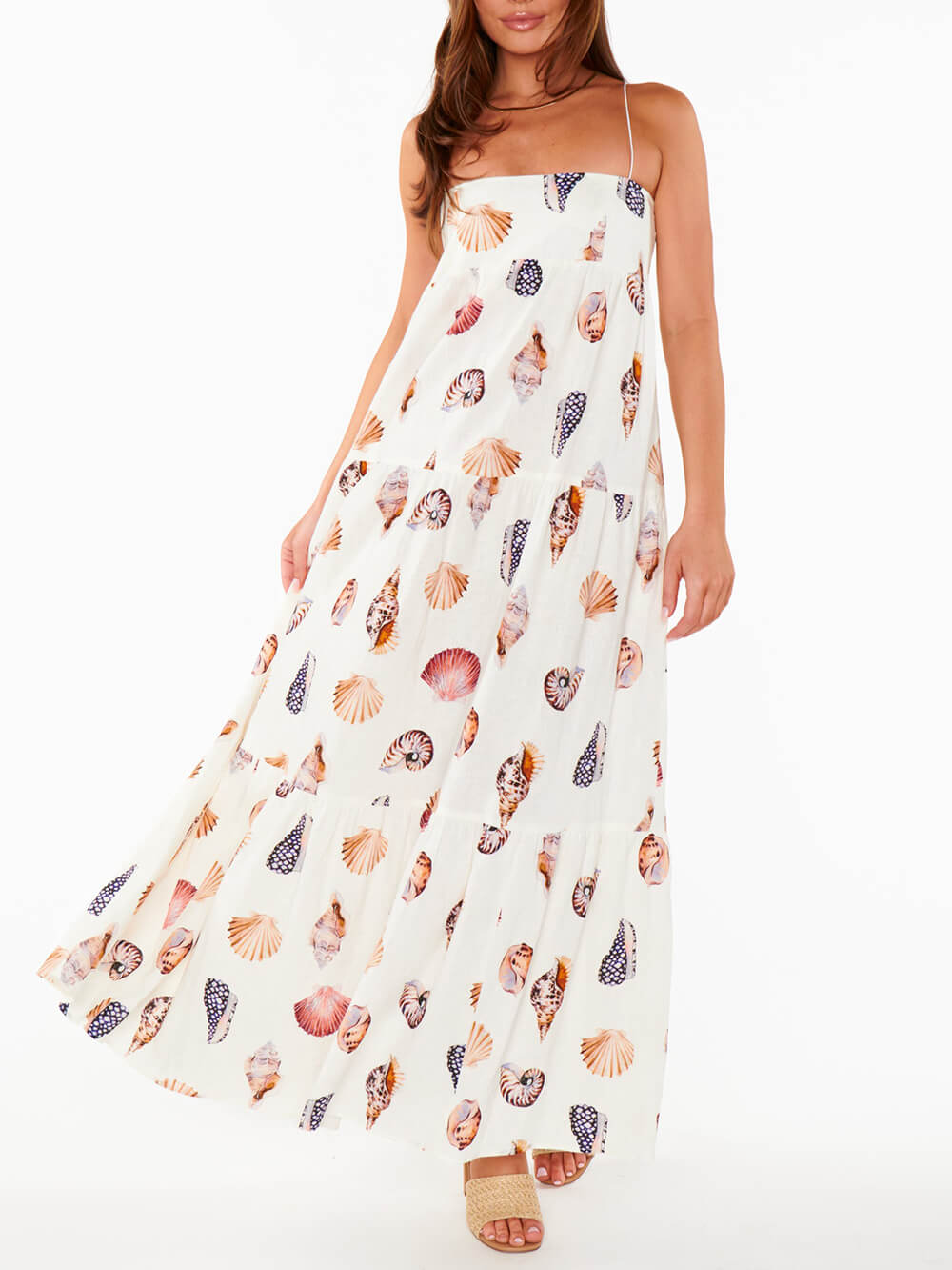 Unic Shell Conch Print plisat buzunare ușoare Maxi rochie