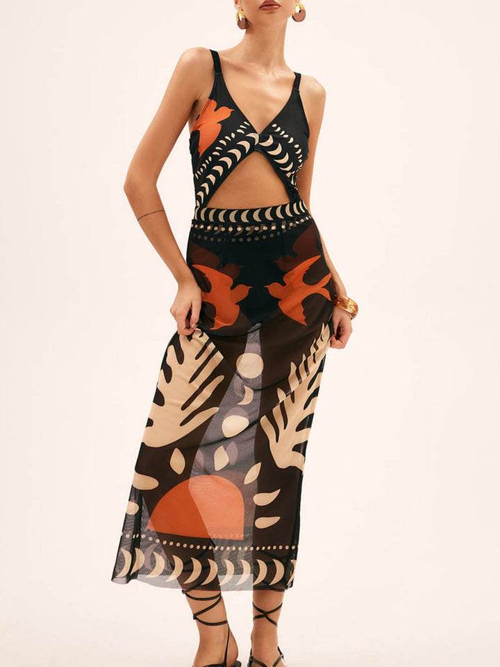 Unique Bird Print Mesh Cover Up Maxi Skirt