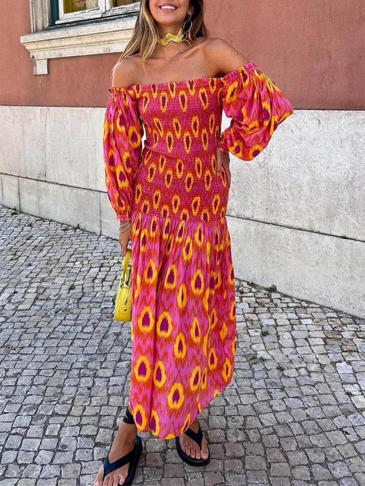 Vestido midi Smocked de manga balão sem ombros com estampado exclusivo