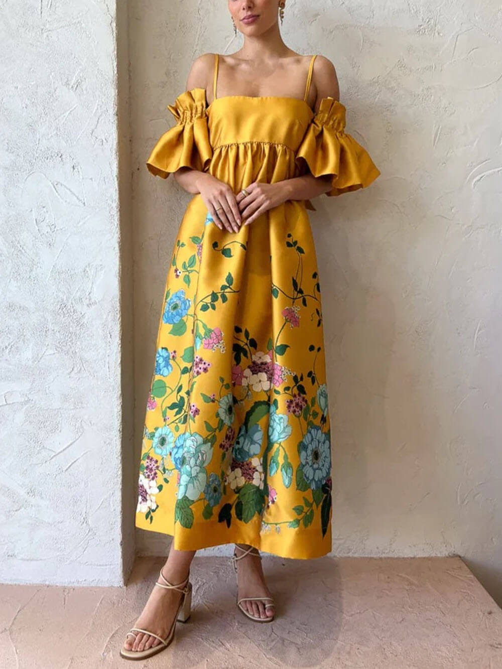 Marigold Bedrucktes Midikleid mit gerafften Ärmeln und Taschen in A-Linie