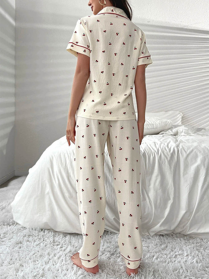 Ensemble pyjama chemisier et pantalon à passepoils contrastés imprimé cerise