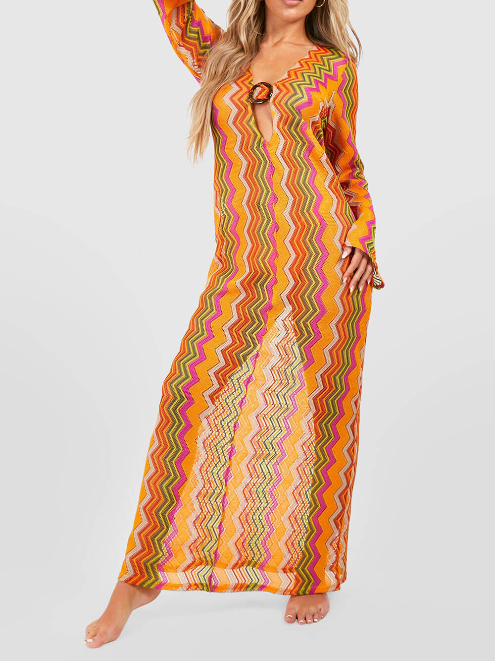 Oranje Soda Stripe Print O-Ring Strand Maxi Dress met lange mouwen