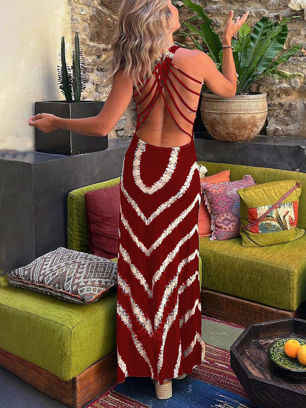 Golfprint Stropdas-rug Maxi Dress