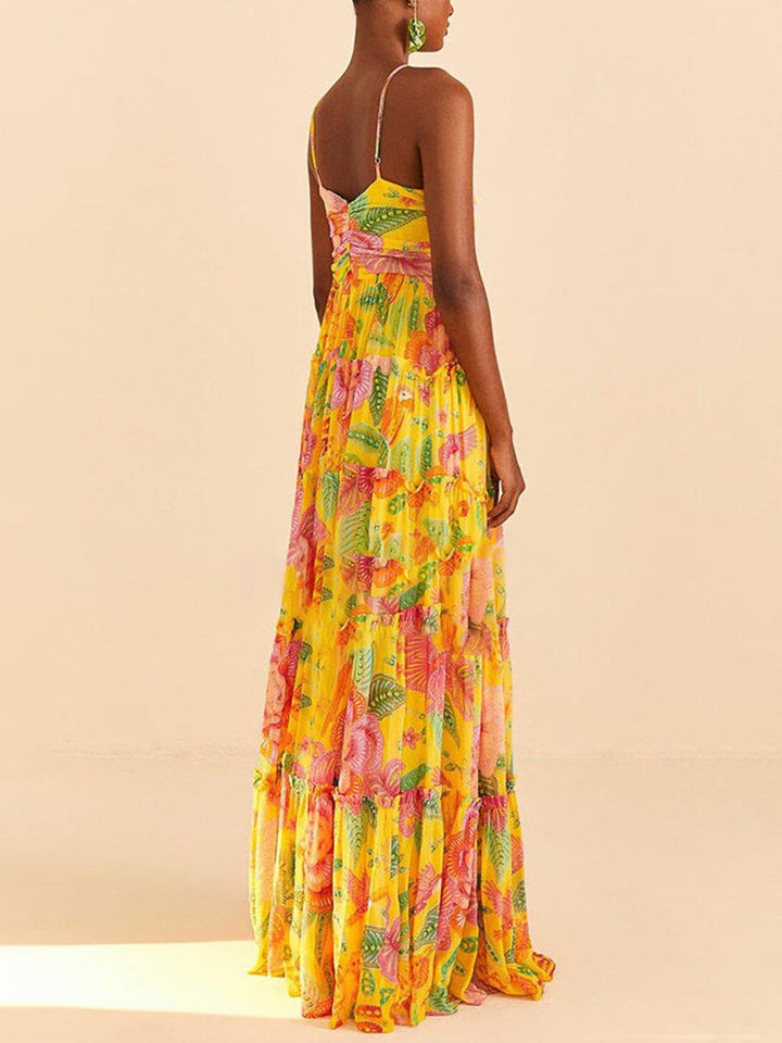 Hanging gât imprimat Floral Design Backless Straight Maxi rochie