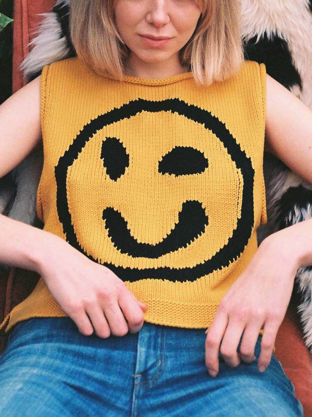 Camiseta de tirantes Happy Face Knit Unique Pattern Versatile Loose Tank Top