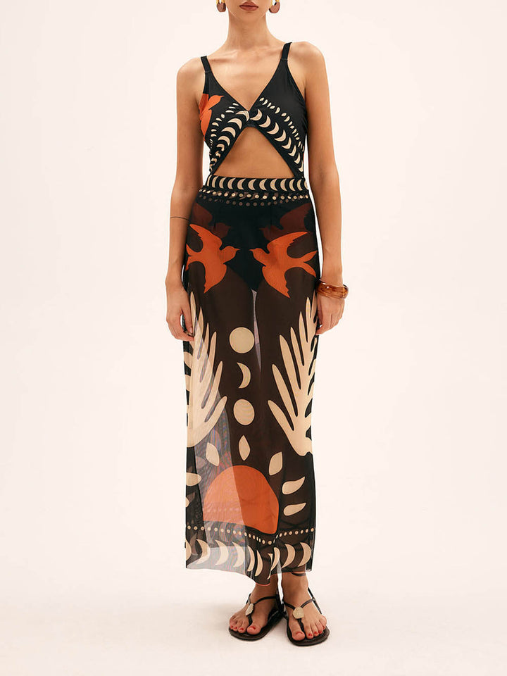 Unique Bird Print Mesh Cover Up Maxi Skirt