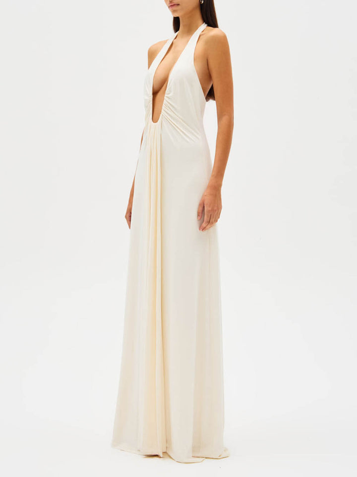 Elegant Deep U-neck Halter Waterfall Sash Drape Maxi Dress