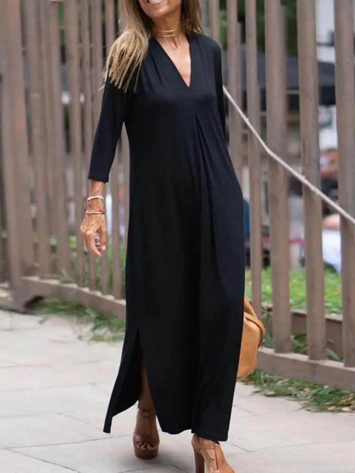 Classic Solid Color V-Neck Casual Slit Maxi Dress