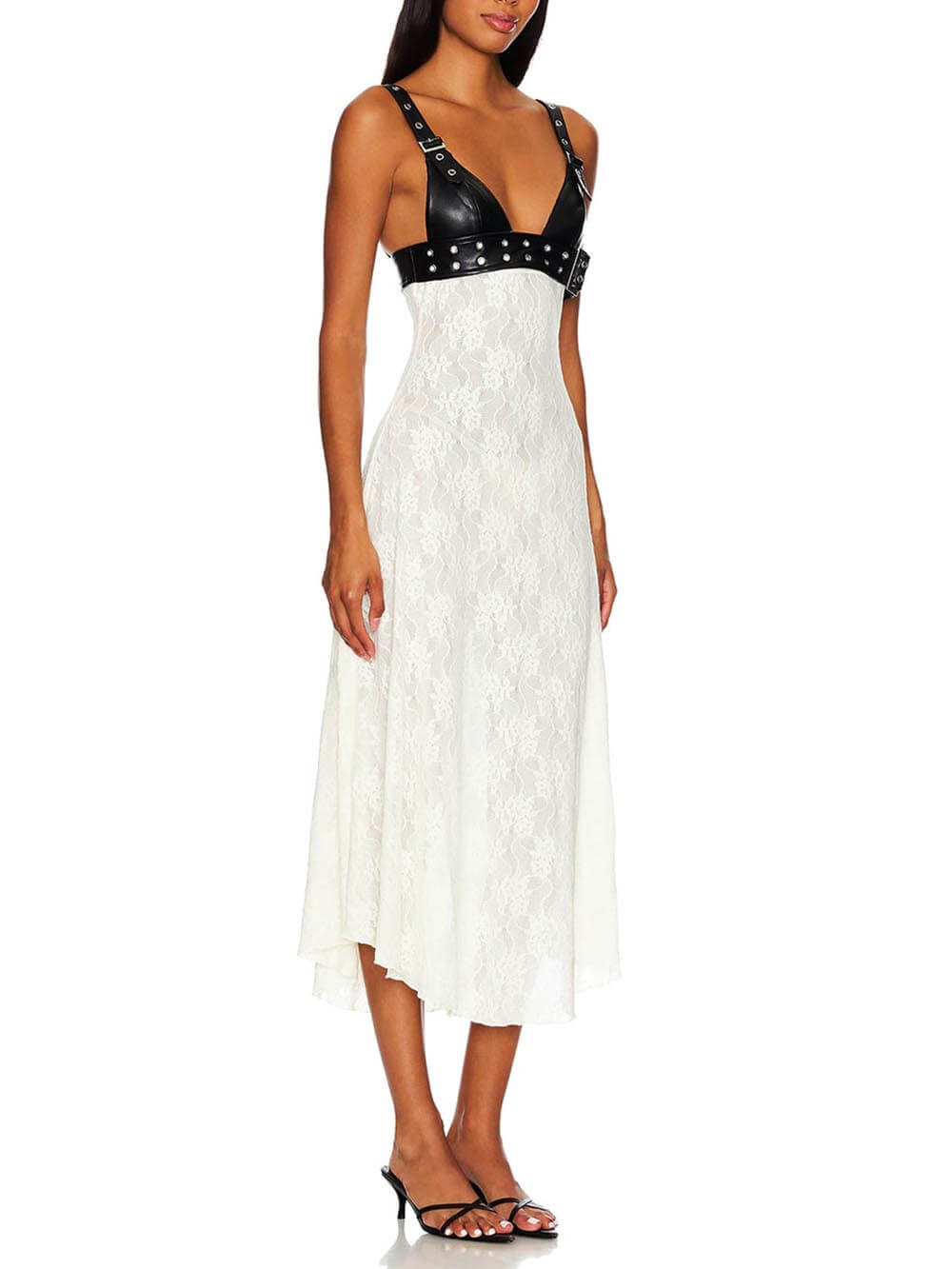 Robe midi en cuir avec dentelle florale