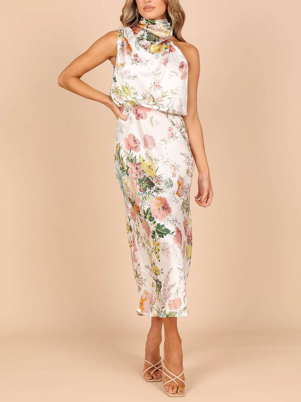 Floral Halter gât talie Elastic Maxi rochie