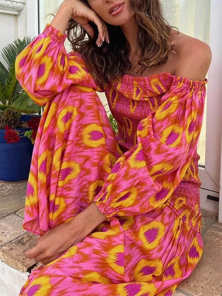 Vestido midi Smocked de manga balão sem ombros com estampado exclusivo