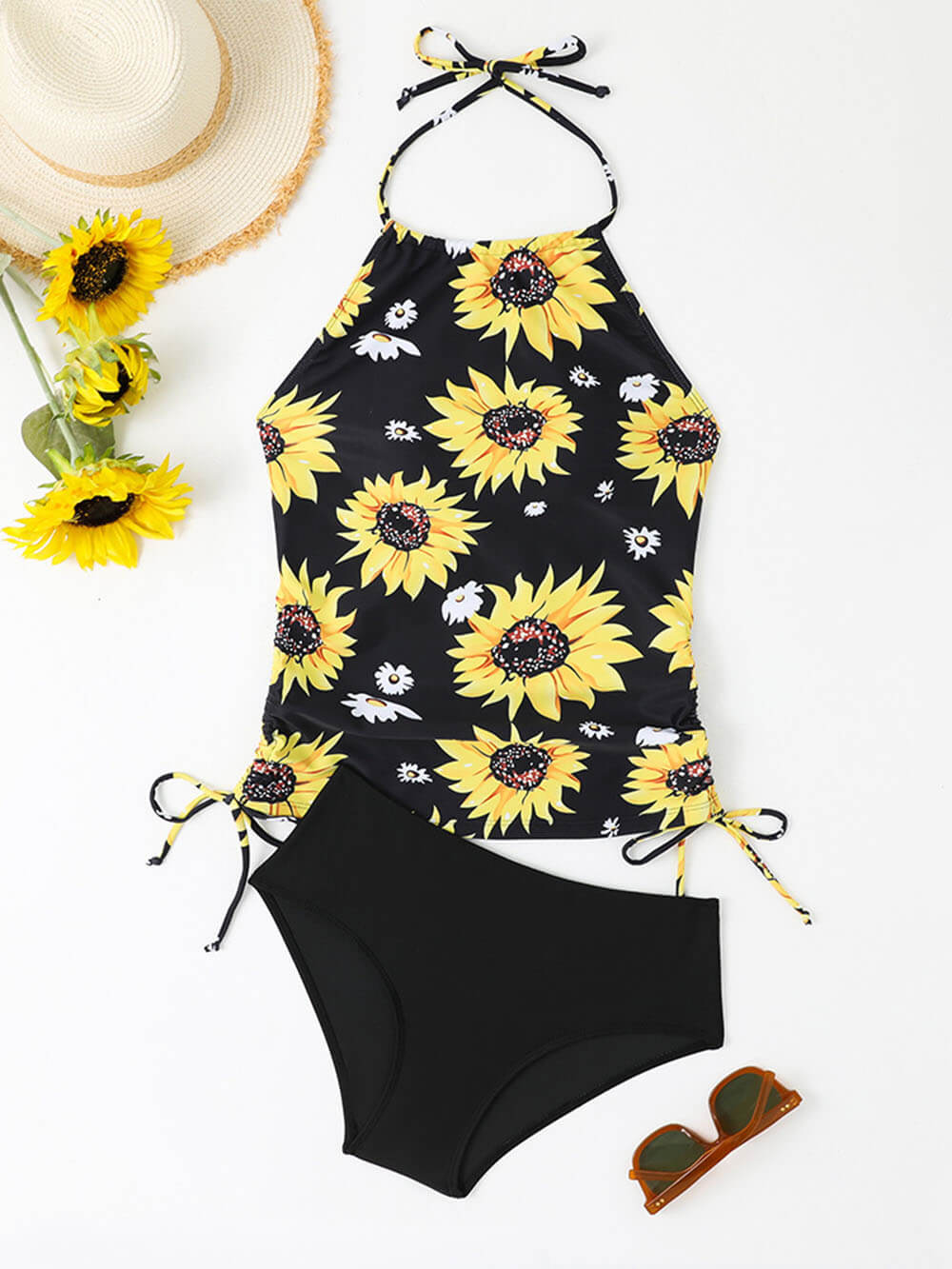 Ensemble Tankini à col licou et cordon de serrage imprimé tournesol