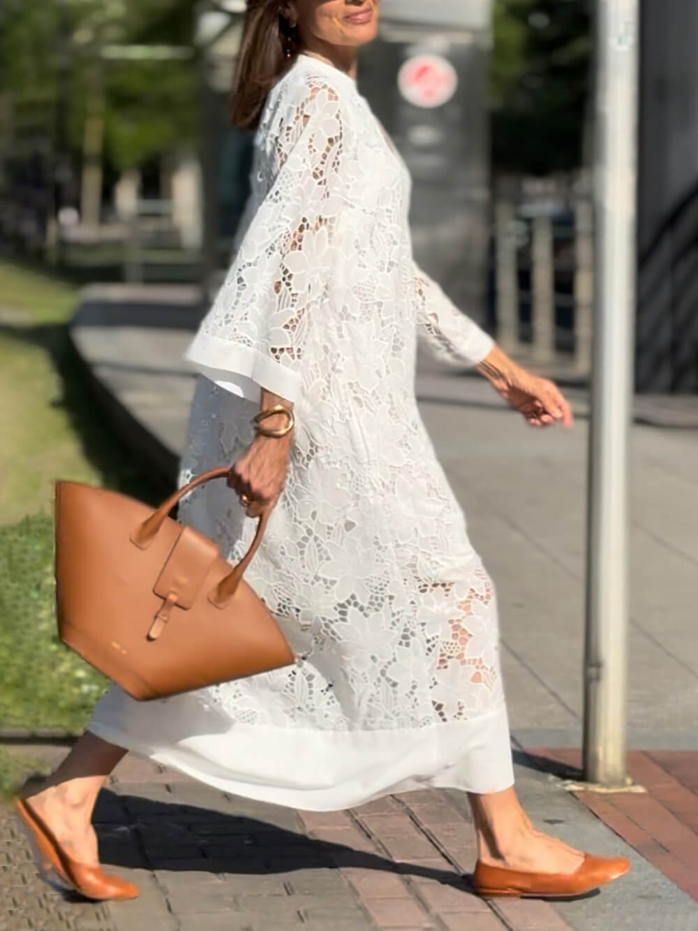 Flower Lace V-Neck Bell Sleeve Loose Midi Dress