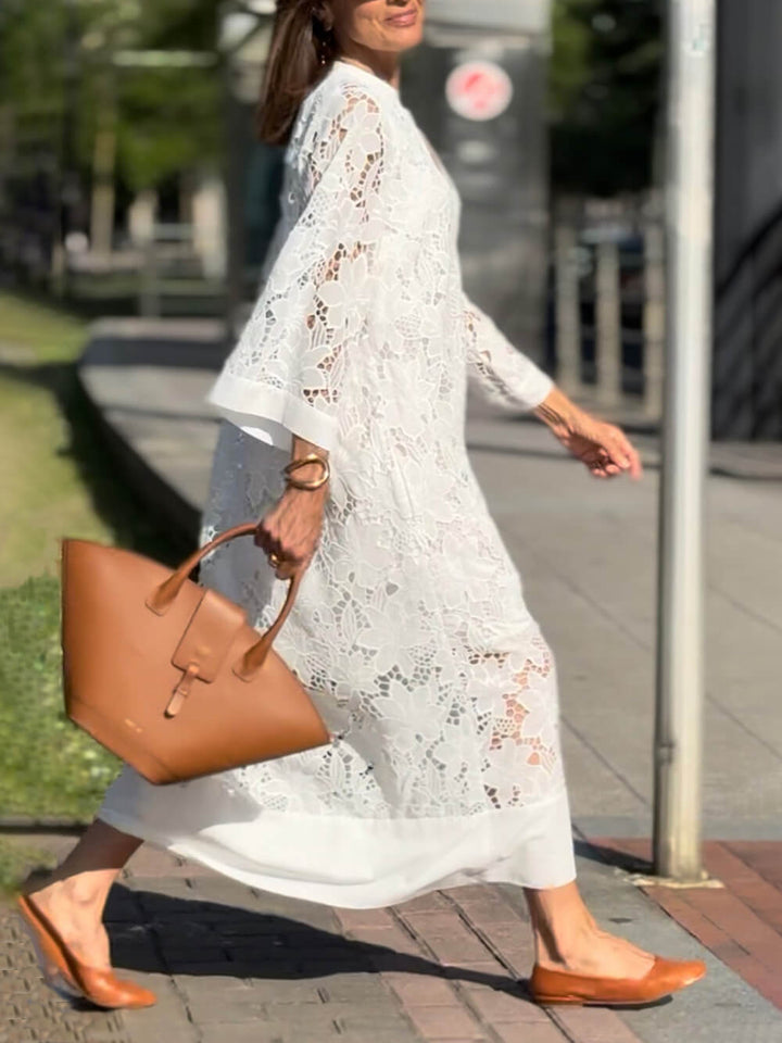 Flower Lace V-Neck Bell Sleeve Loose Midi Dress