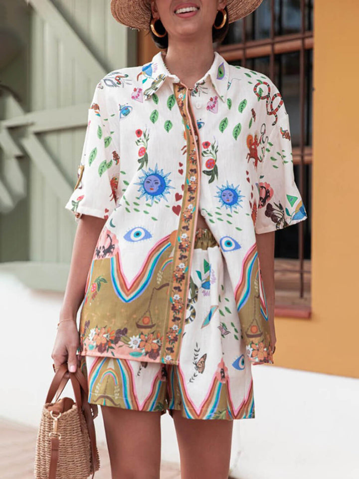 Unique Print Button Loose Shirt Aad Elastic Waist Pocket Short Set