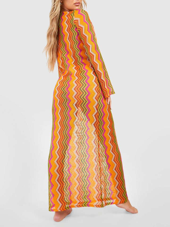 Oranje Soda Stripe Print O-Ring Strand Maxi Dress met lange mouwen