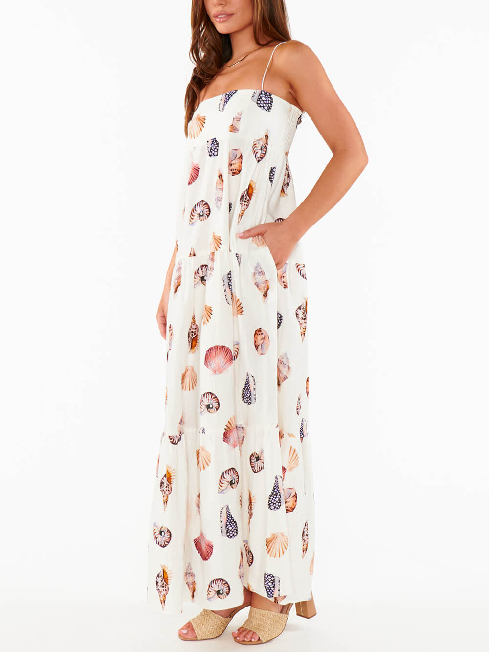 Unic Shell Conch Print plisat buzunare ușoare Maxi rochie