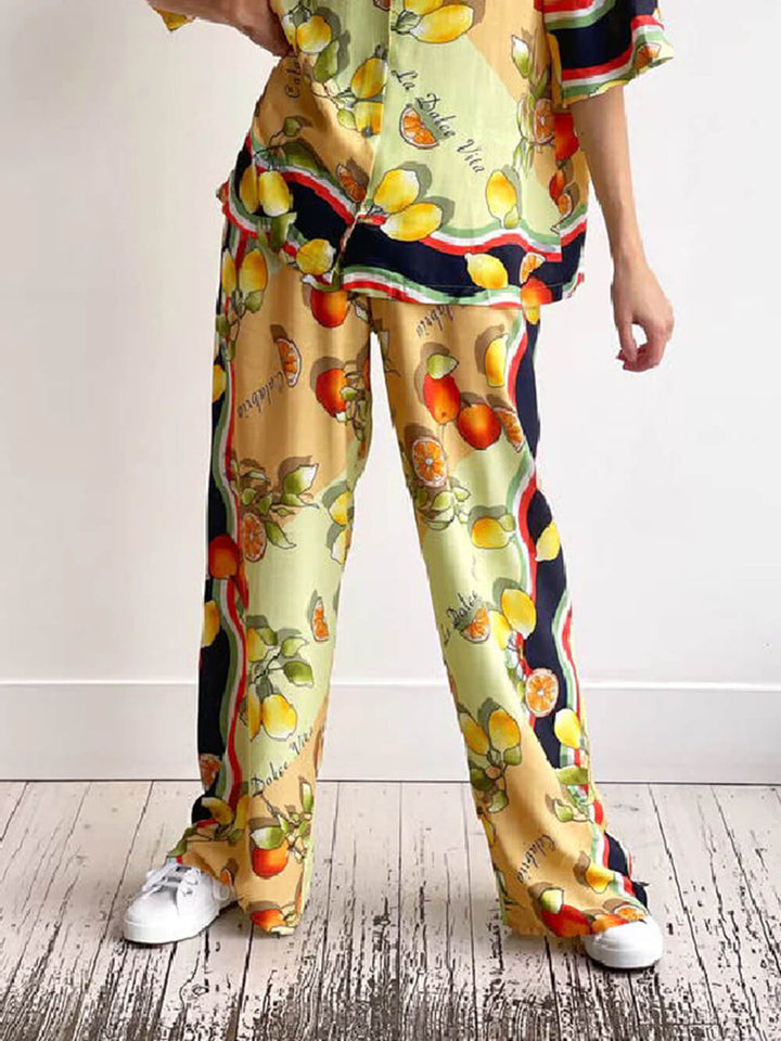 Modern Lemon Print Mid-Rise Wide Leg Παντελόνι