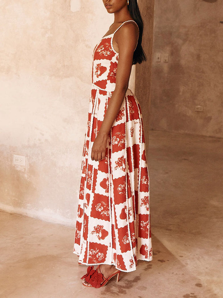 Floral Trim Unique Printed One Shoulder Flared Maxi Dress