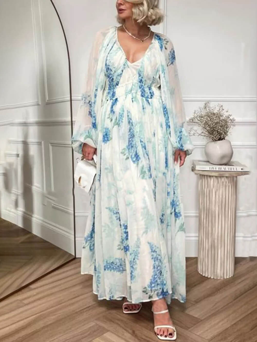 Ocean Flower Chiffon Floral cordon talie Maxi rochie