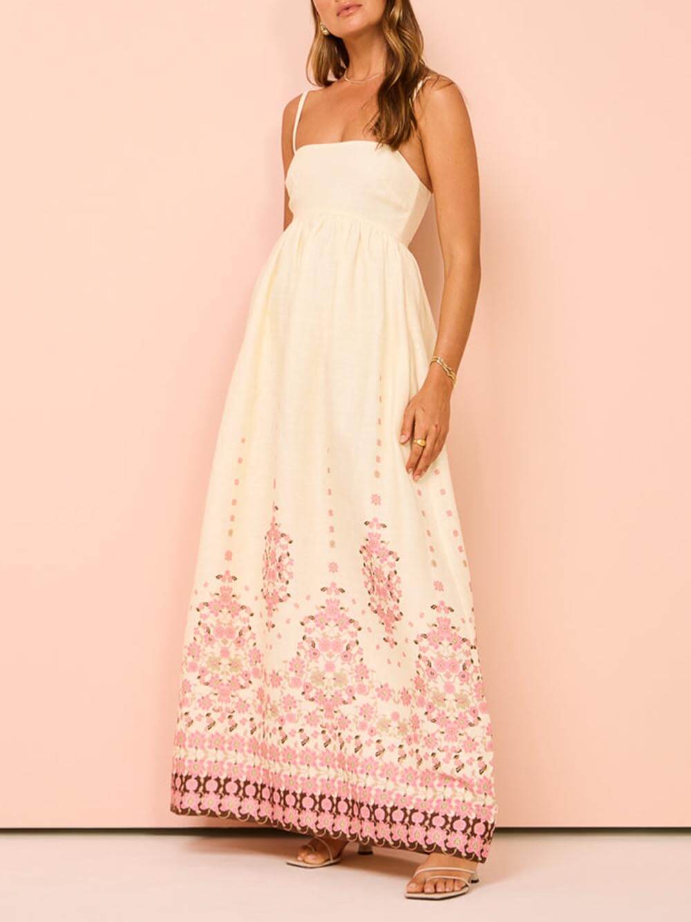 Robe longue à imprimé ethnique, dos nu, crème