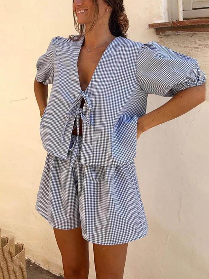 Plaid Front Lace-up Puff Mouw Top en Elastische Taille Shorts Set