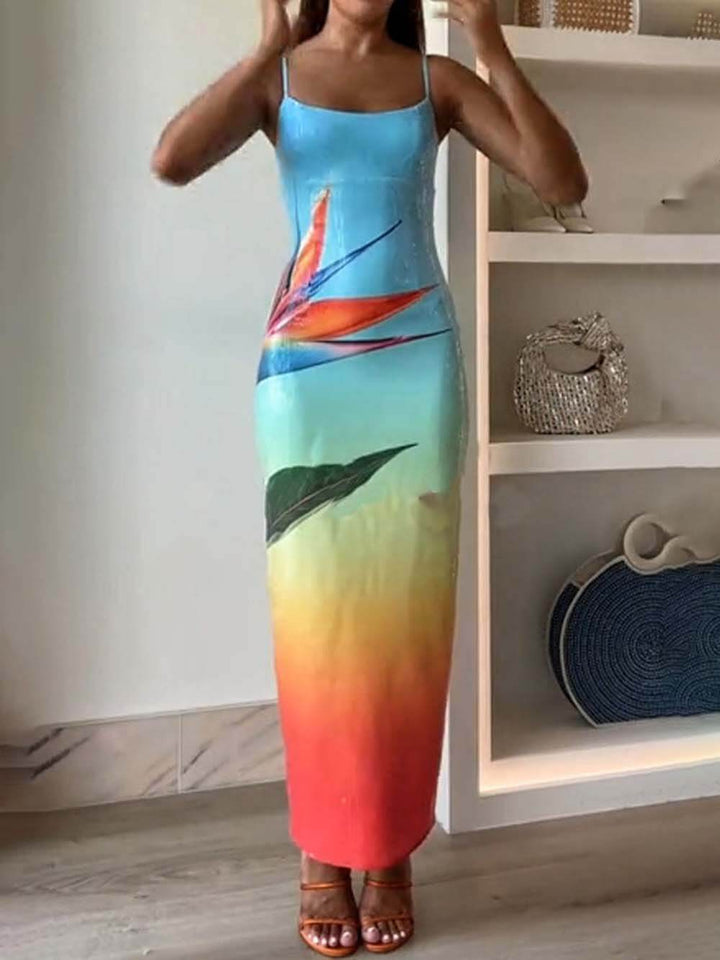 Sequin Unique Floral Gradient Print Slit Stretch Maxi Dress